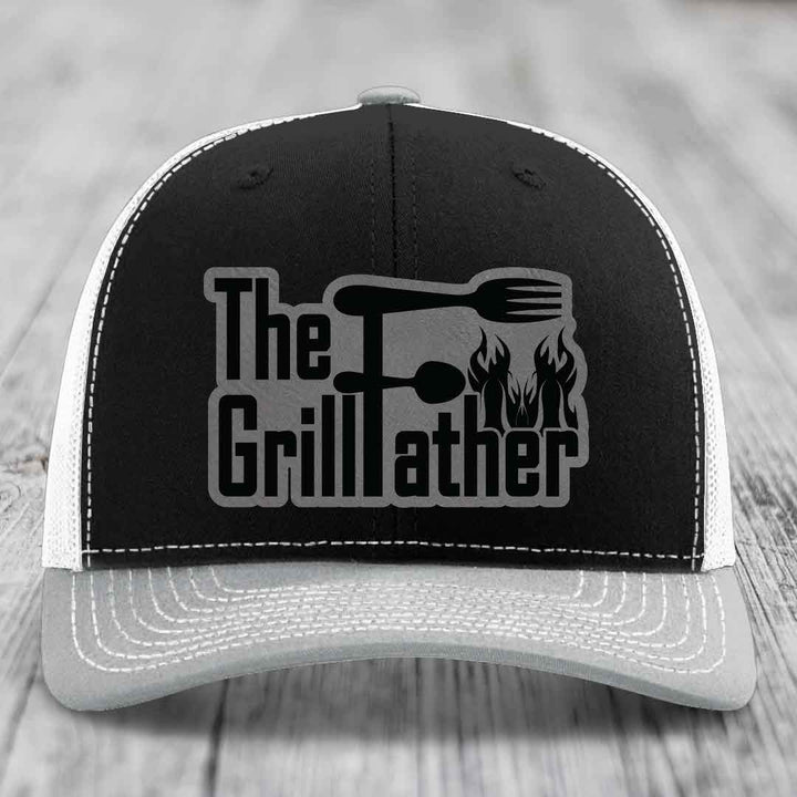The Grillfather - Leather Patch Hat - Grey to Black Patch - Richardson 112 Snapback Trucker Hat