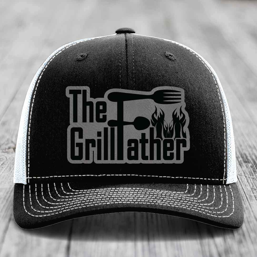 The Grillfather - Leather Patch Hat - Grey to Black Patch - Richardson 112 Snapback Trucker Hat