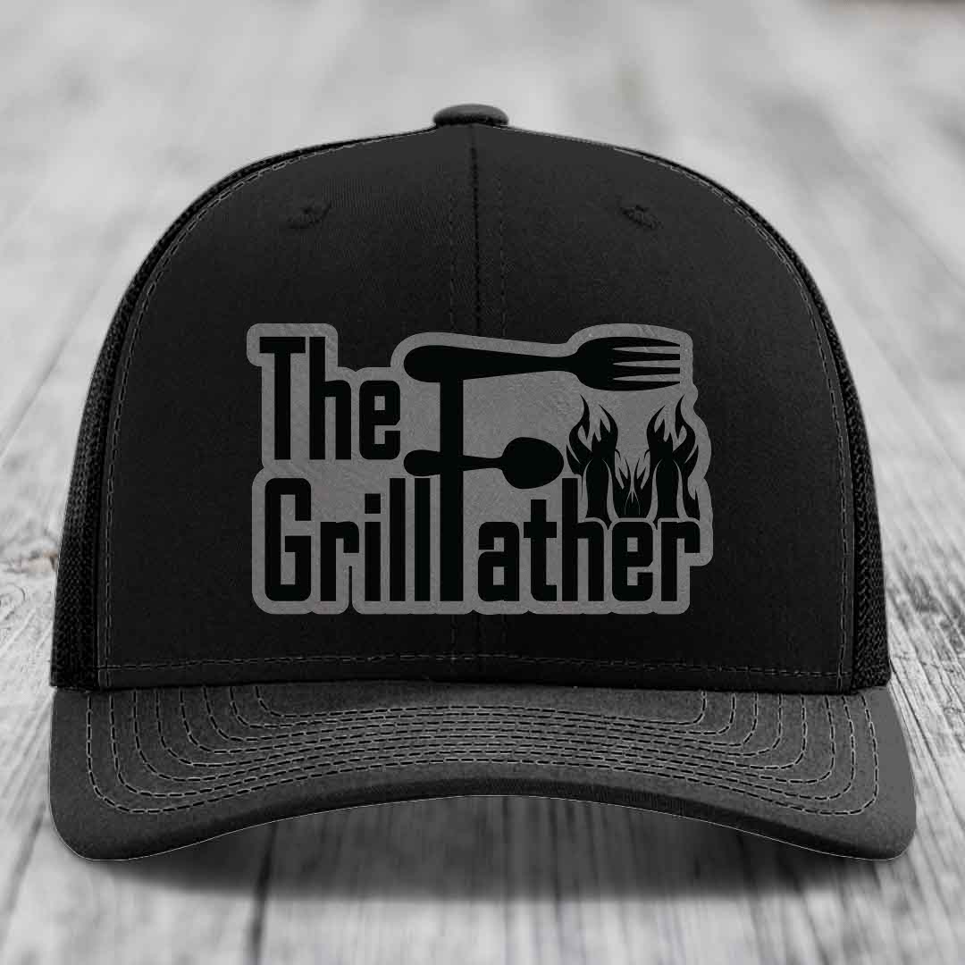 The Grillfather - Leather Patch Hat - Grey to Black Patch - Richardson 112 Snapback Trucker Hat