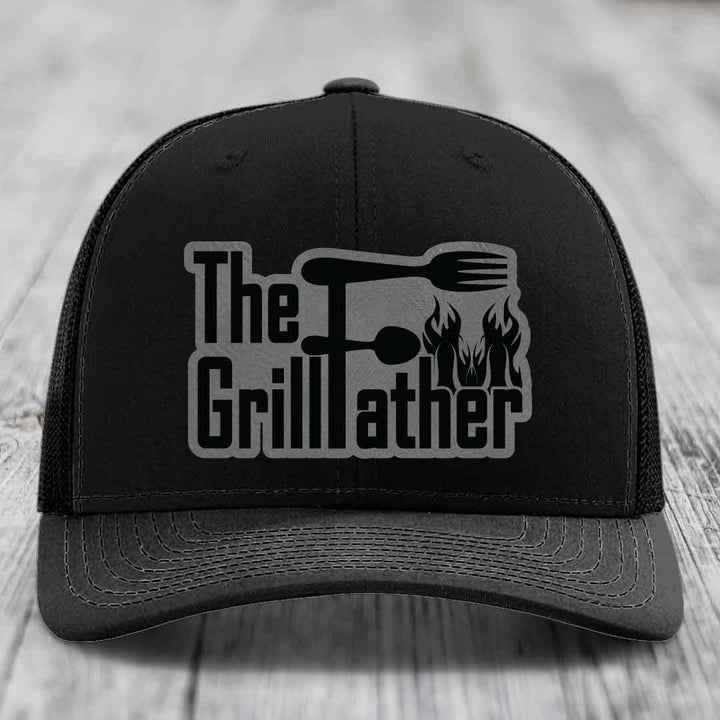 The Grillfather - Leather Patch Hat - Grey to Black Patch - Richardson 112 Snapback Trucker Hat