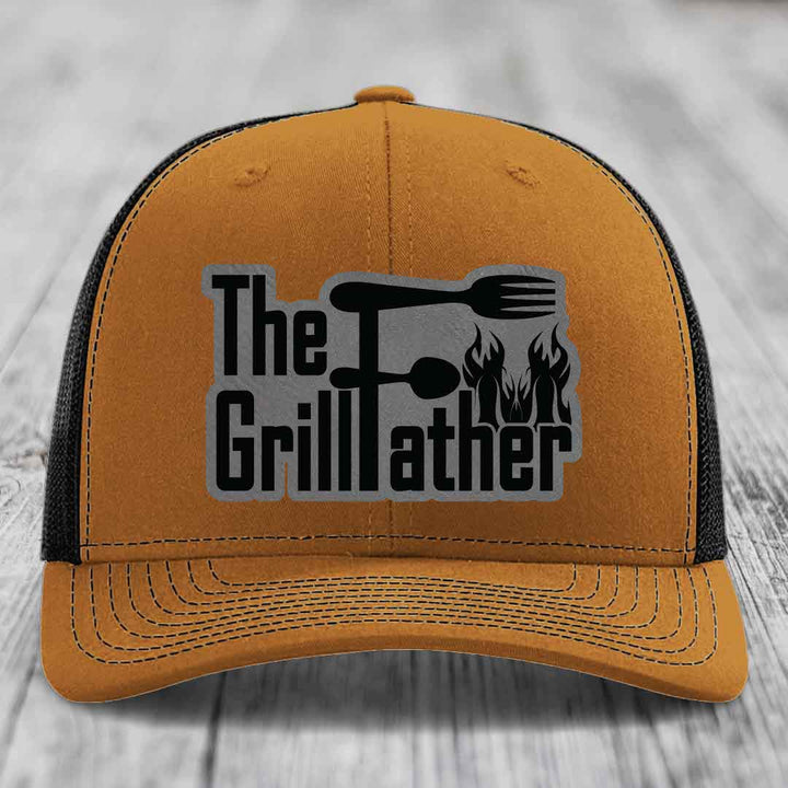 The Grillfather - Leather Patch Hat - Grey to Black Patch - Richardson 112 Snapback Trucker Hat