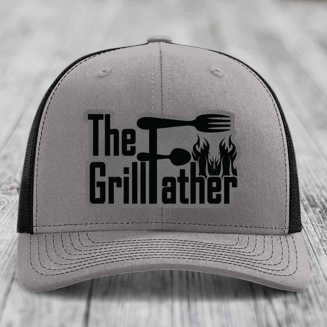The Grillfather - Leather Patch Hat - Grey to Black Patch - Richardson 112 Snapback Trucker Hat
