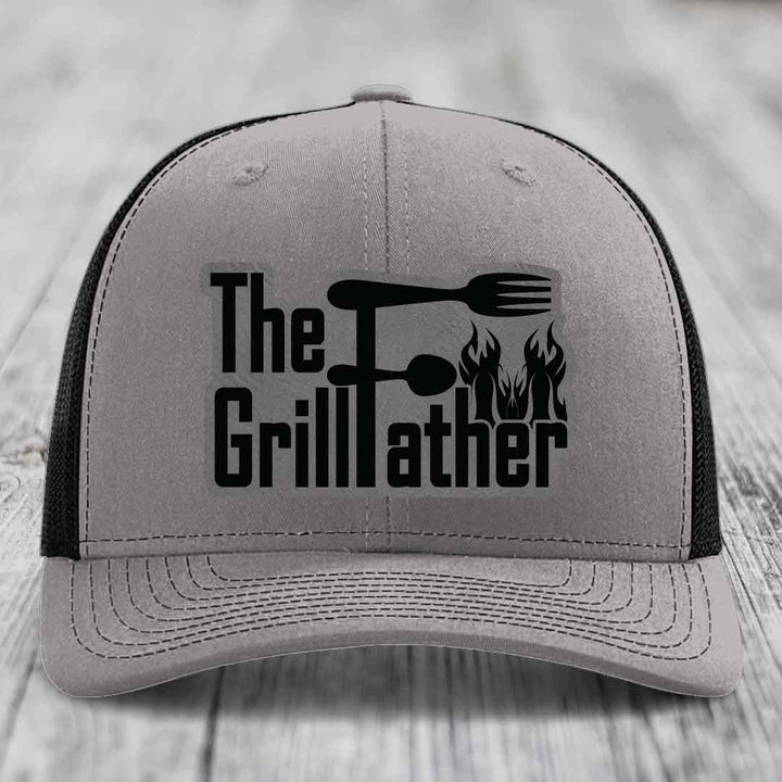 The Grillfather - Leather Patch Hat - Grey to Black Patch - Richardson 112 Snapback Trucker Hat
