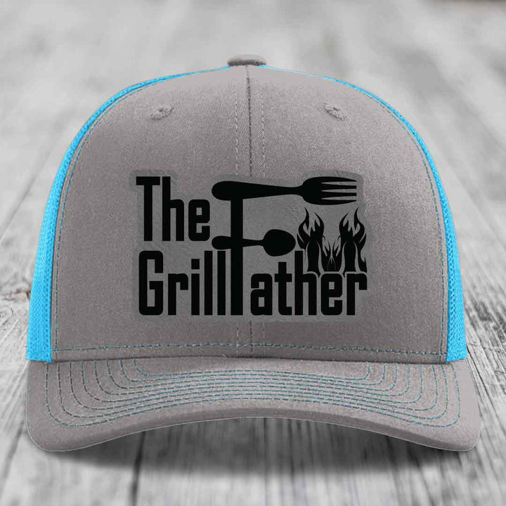 The Grillfather - Leather Patch Hat - Grey to Black Patch - Richardson 112 Snapback Trucker Hat