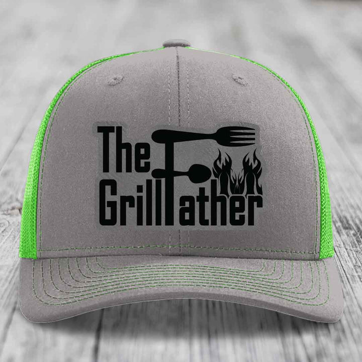 The Grillfather - Leather Patch Hat - Grey to Black Patch - Richardson 112 Snapback Trucker Hat