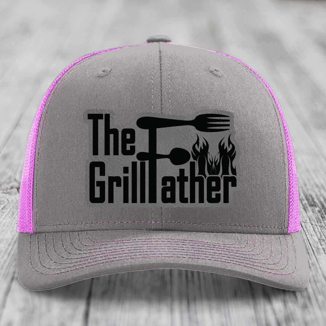 The Grillfather - Leather Patch Hat - Grey to Black Patch - Richardson 112 Snapback Trucker Hat