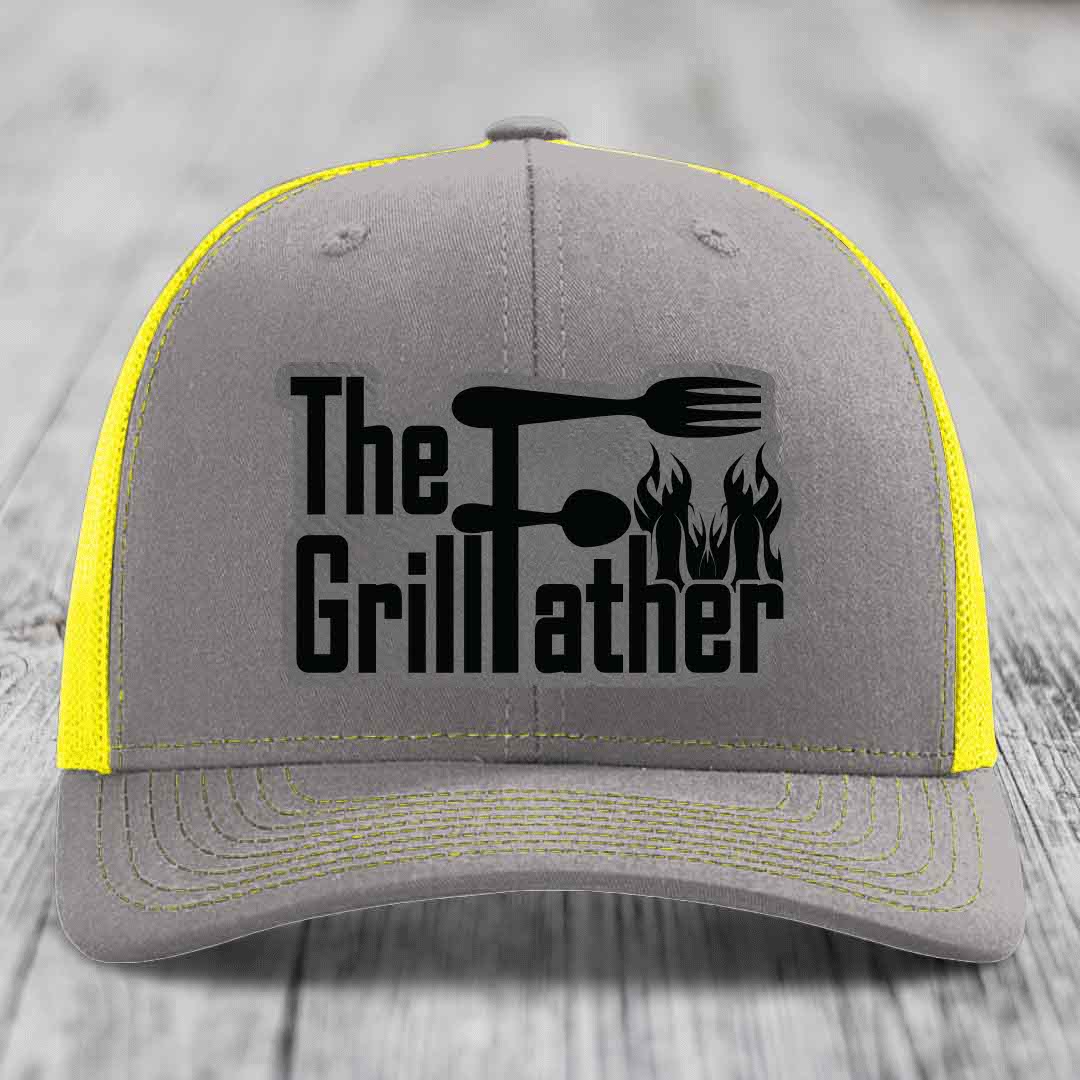 The Grillfather - Leather Patch Hat - Grey to Black Patch - Richardson 112 Snapback Trucker Hat