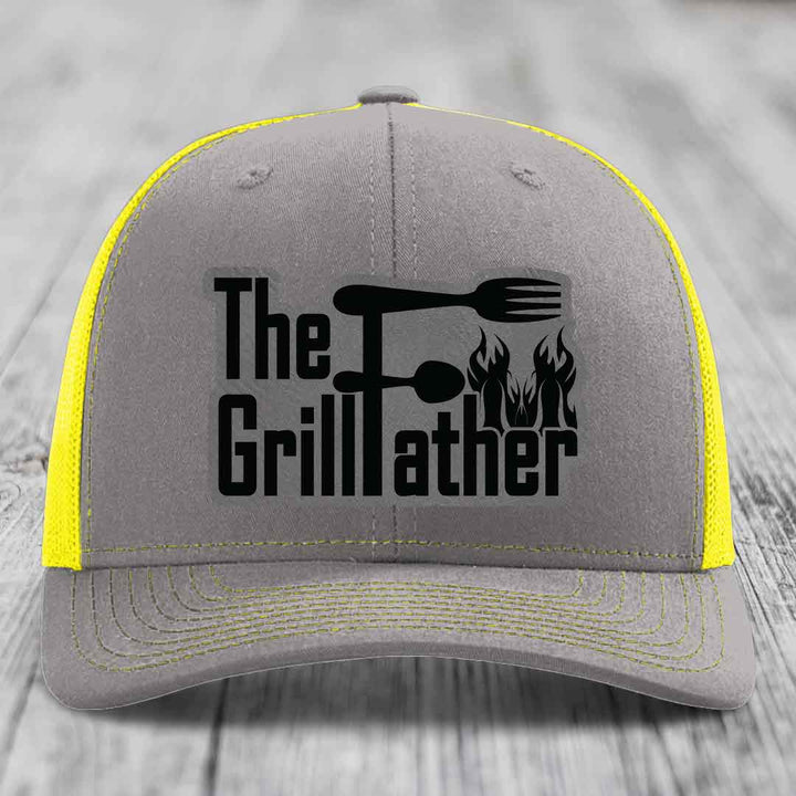 The Grillfather - Leather Patch Hat - Grey to Black Patch - Richardson 112 Snapback Trucker Hat