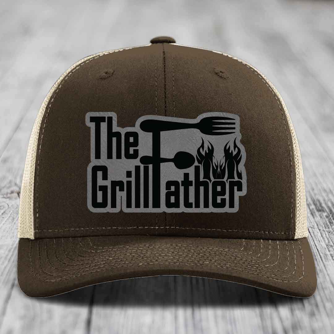 The Grillfather - Leather Patch Hat - Grey to Black Patch - Richardson 112 Snapback Trucker Hat