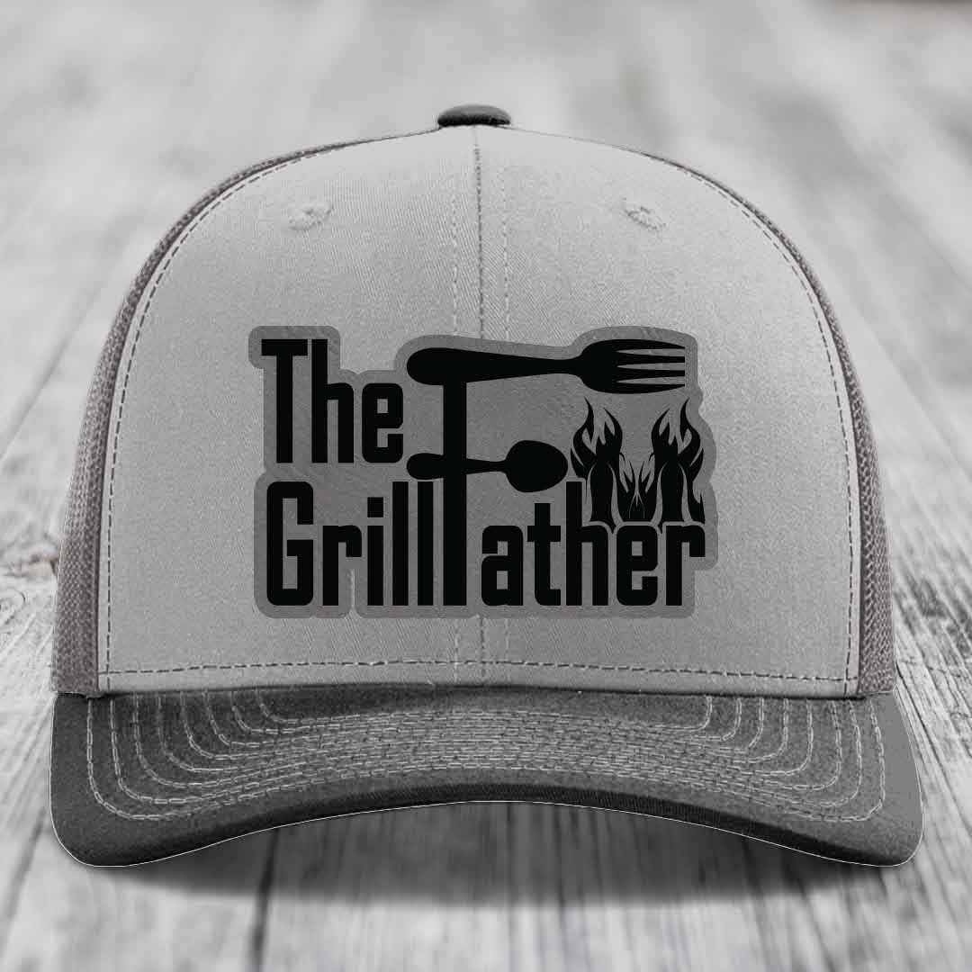 The Grillfather - Leather Patch Hat - Grey to Black Patch - Richardson 112 Snapback Trucker Hat