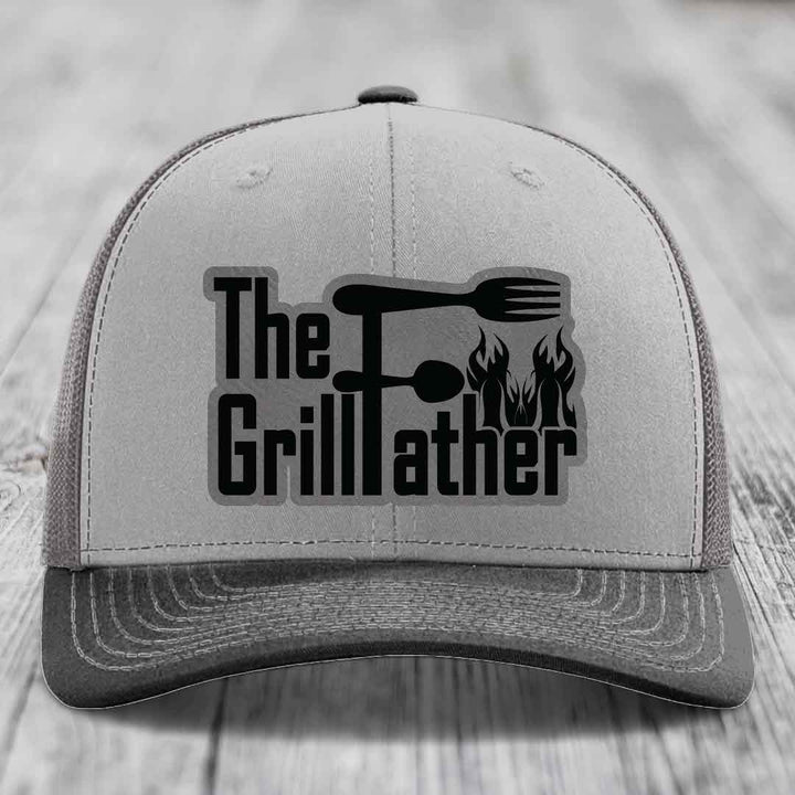 The Grillfather - Leather Patch Hat - Grey to Black Patch - Richardson 112 Snapback Trucker Hat