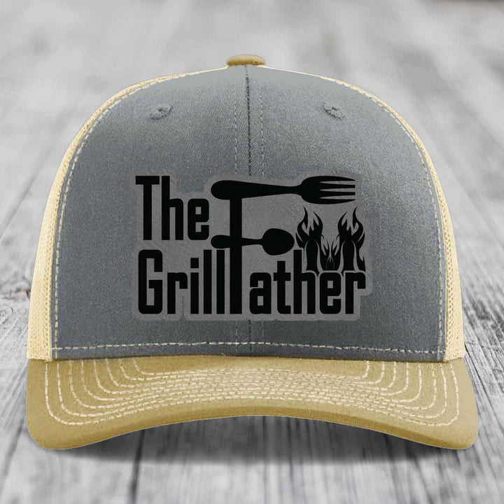 The Grillfather - Leather Patch Hat - Grey to Black Patch - Richardson 112 Snapback Trucker Hat