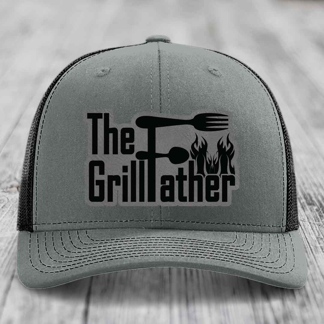 The Grillfather - Leather Patch Hat - Grey to Black Patch - Richardson 112 Snapback Trucker Hat