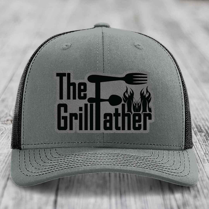 The Grillfather - Leather Patch Hat - Grey to Black Patch - Richardson 112 Snapback Trucker Hat