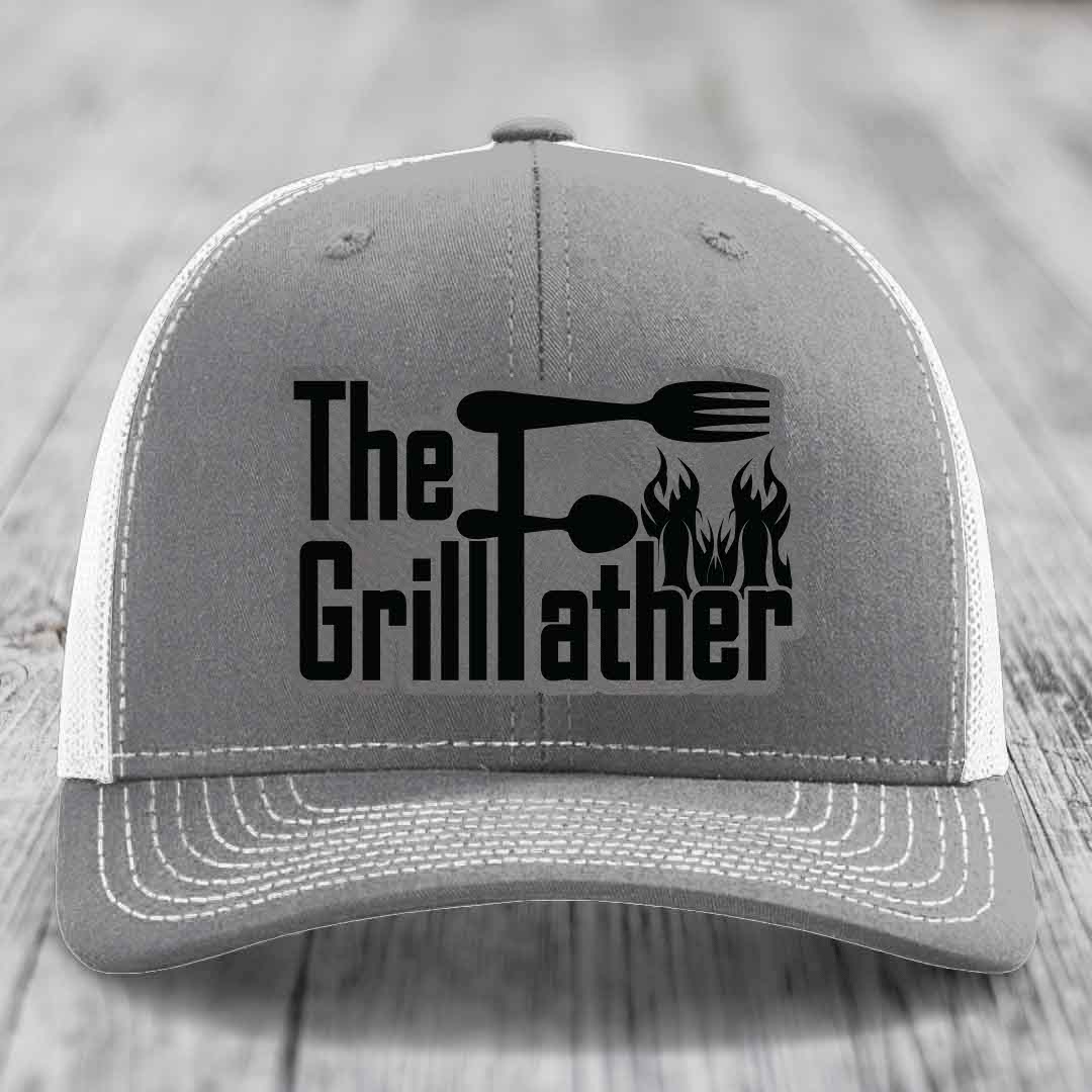 The Grillfather - Leather Patch Hat - Grey to Black Patch - Richardson 112 Snapback Trucker Hat