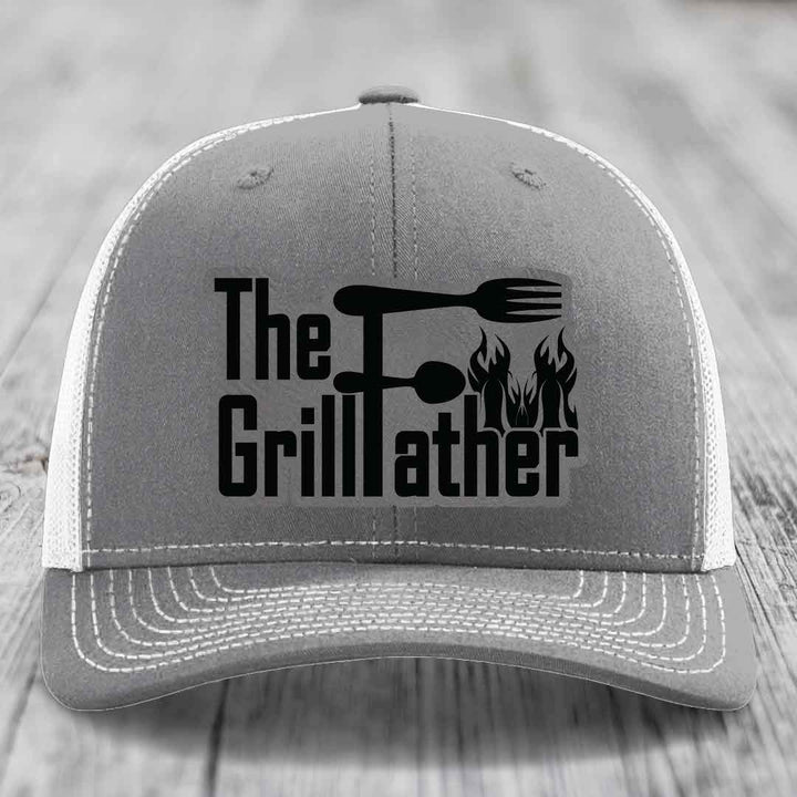 The Grillfather - Leather Patch Hat - Grey to Black Patch - Richardson 112 Snapback Trucker Hat