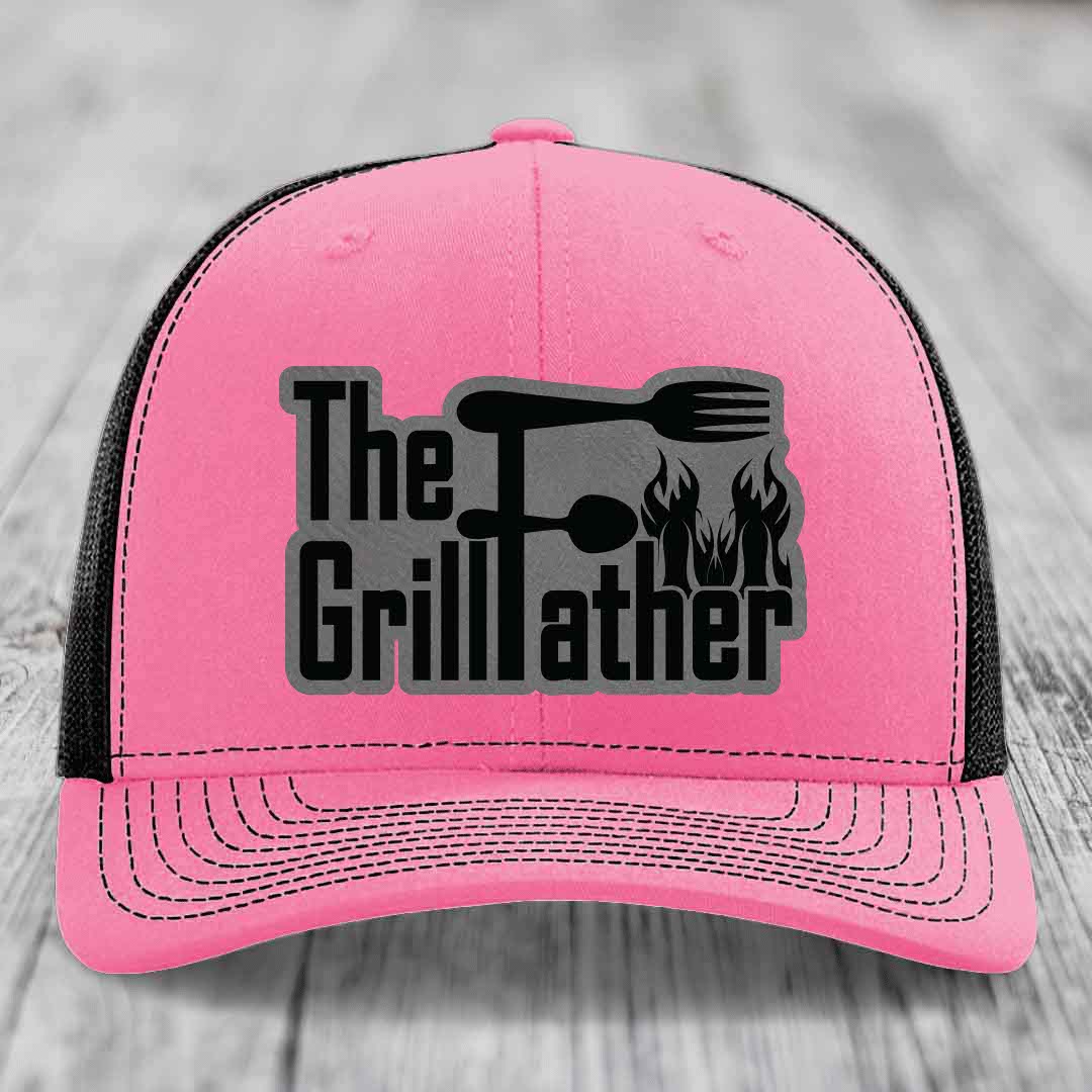 The Grillfather - Leather Patch Hat - Grey to Black Patch - Richardson 112 Snapback Trucker Hat