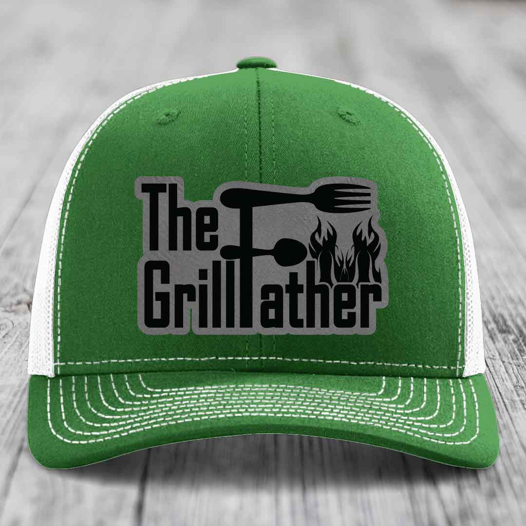 The Grillfather - Leather Patch Hat - Grey to Black Patch - Richardson 112 Snapback Trucker Hat