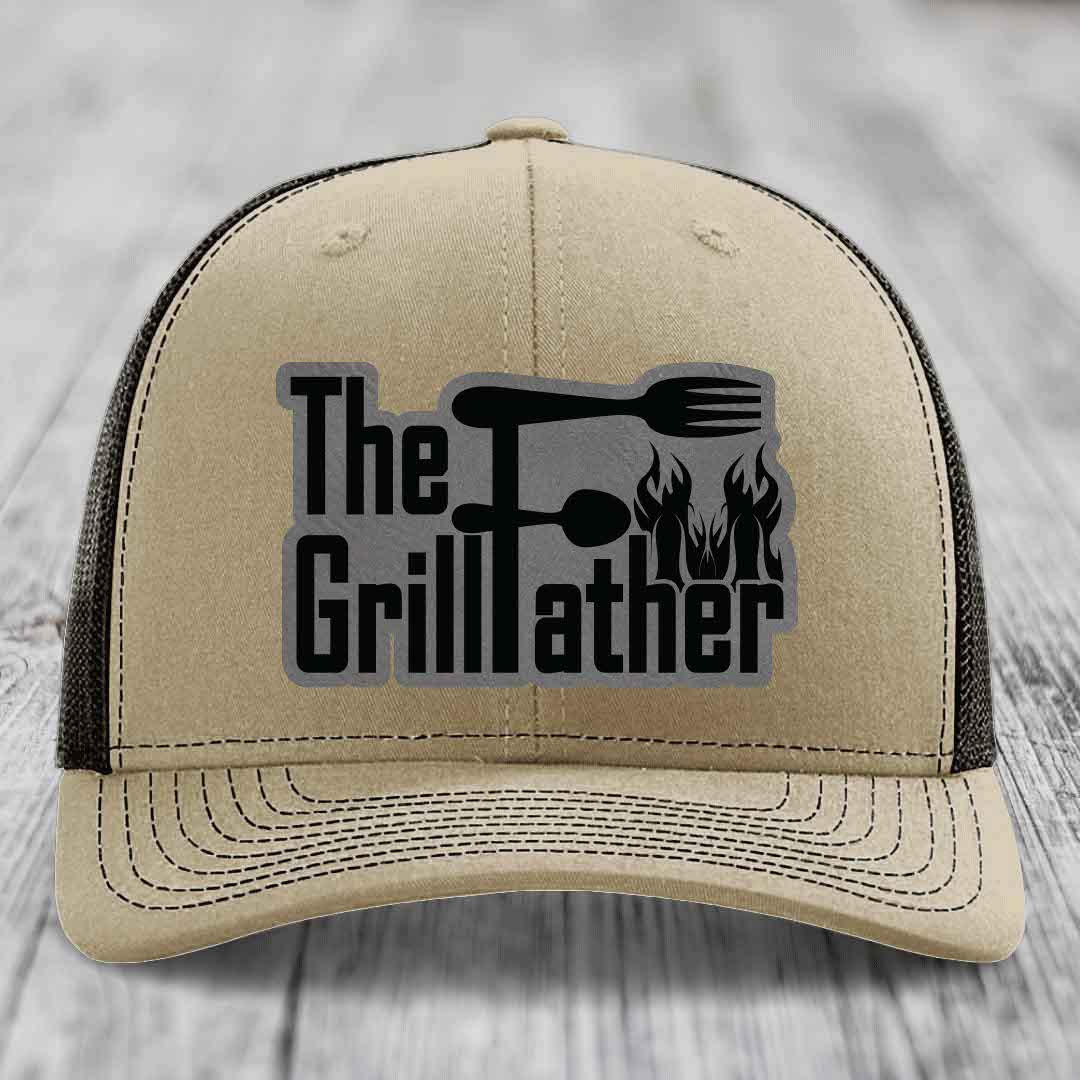 The Grillfather - Leather Patch Hat - Grey to Black Patch - Richardson 112 Snapback Trucker Hat