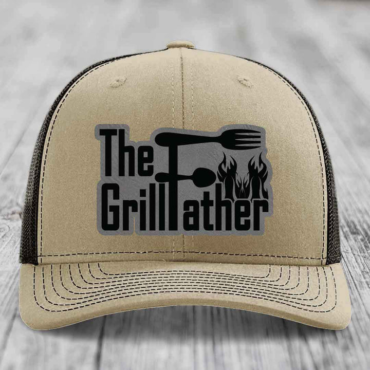 The Grillfather - Leather Patch Hat - Grey to Black Patch - Richardson 112 Snapback Trucker Hat