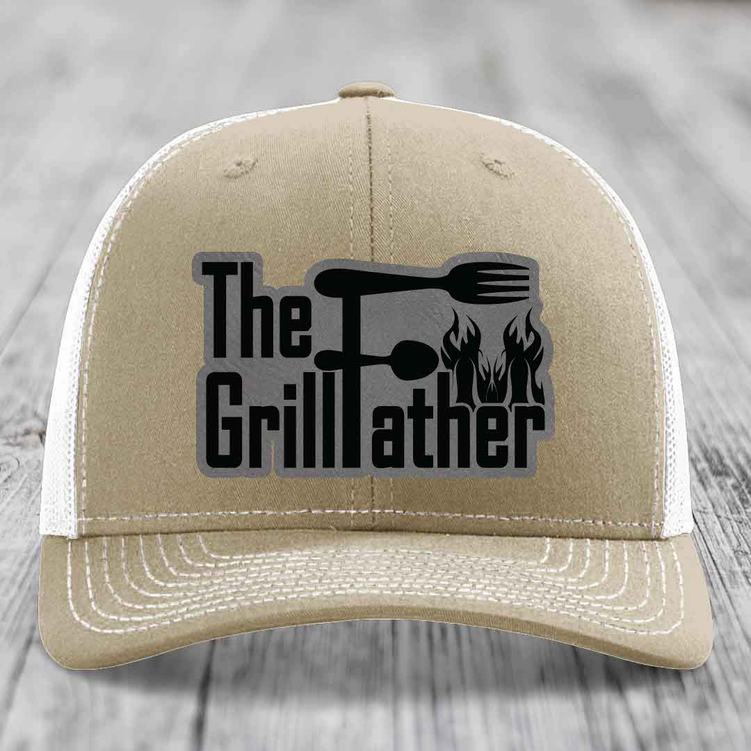 The Grillfather - Leather Patch Hat - Grey to Black Patch - Richardson 112 Snapback Trucker Hat