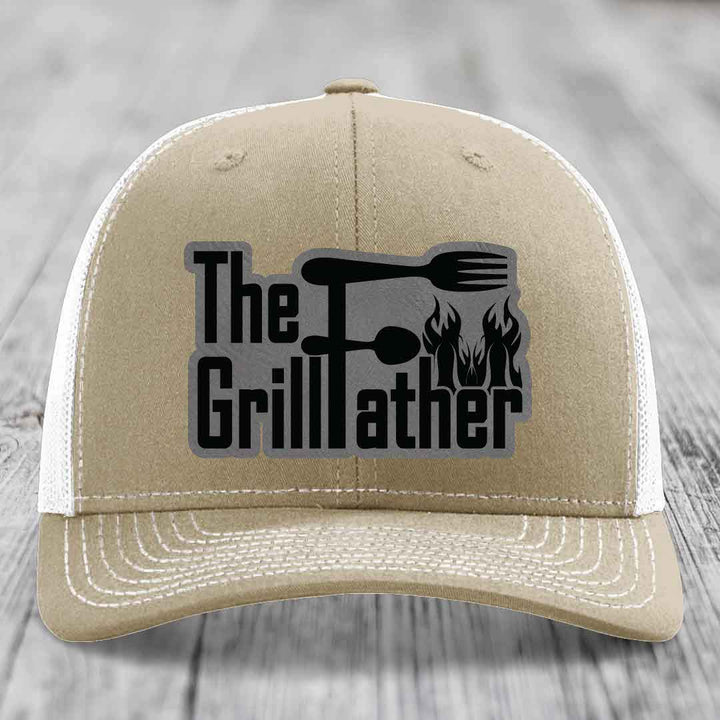 The Grillfather - Leather Patch Hat - Grey to Black Patch - Richardson 112 Snapback Trucker Hat