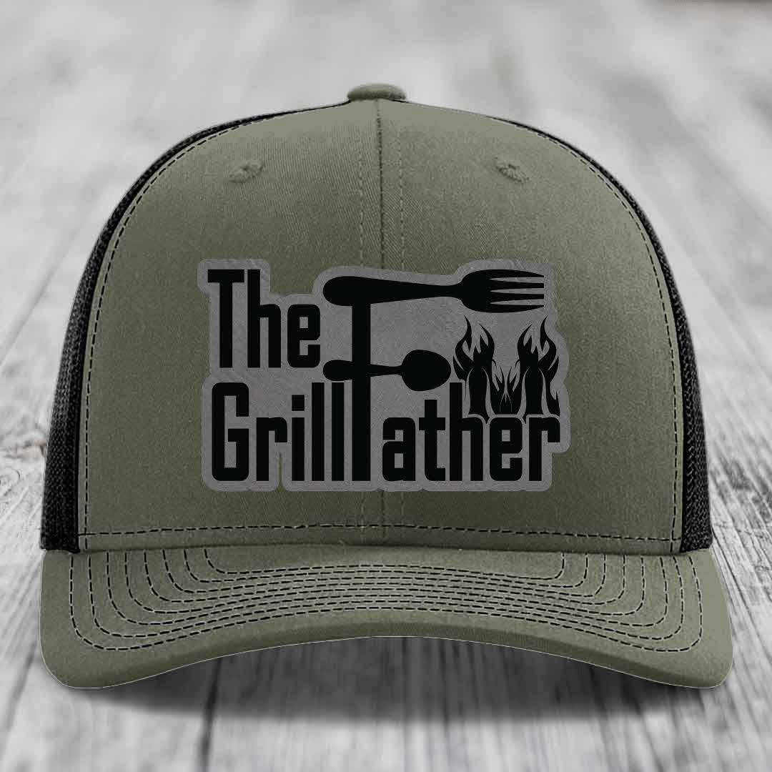 The Grillfather - Leather Patch Hat - Grey to Black Patch - Richardson 112 Snapback Trucker Hat