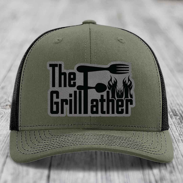 The Grillfather - Leather Patch Hat - Grey to Black Patch - Richardson 112 Snapback Trucker Hat