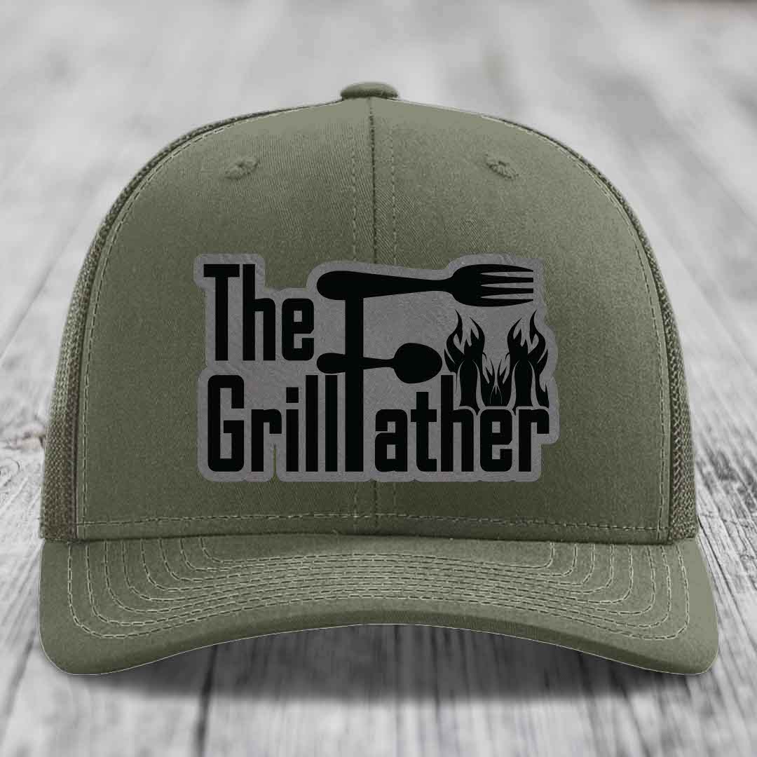The Grillfather - Leather Patch Hat - Grey to Black Patch - Richardson 112 Snapback Trucker Hat