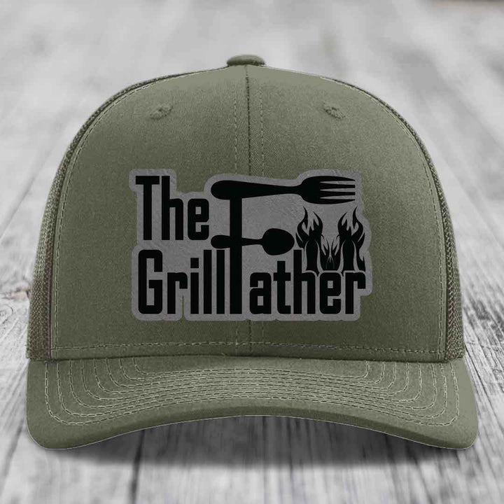 The Grillfather - Leather Patch Hat - Grey to Black Patch - Richardson 112 Snapback Trucker Hat