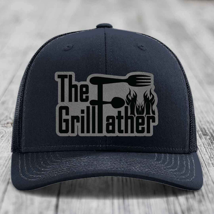 The Grillfather - Leather Patch Hat - Grey to Black Patch - Richardson 112 Snapback Trucker Hat
