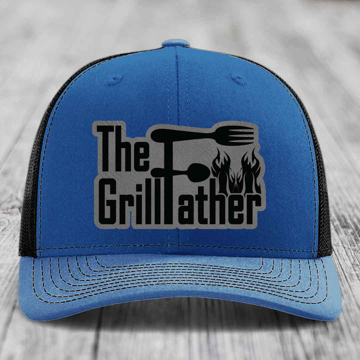 The Grillfather - Leather Patch Hat - Grey to Black Patch - Richardson 112 Snapback Trucker Hat