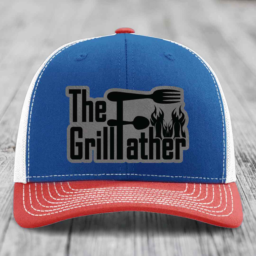 The Grillfather - Leather Patch Hat - Grey to Black Patch - Richardson 112 Snapback Trucker Hat