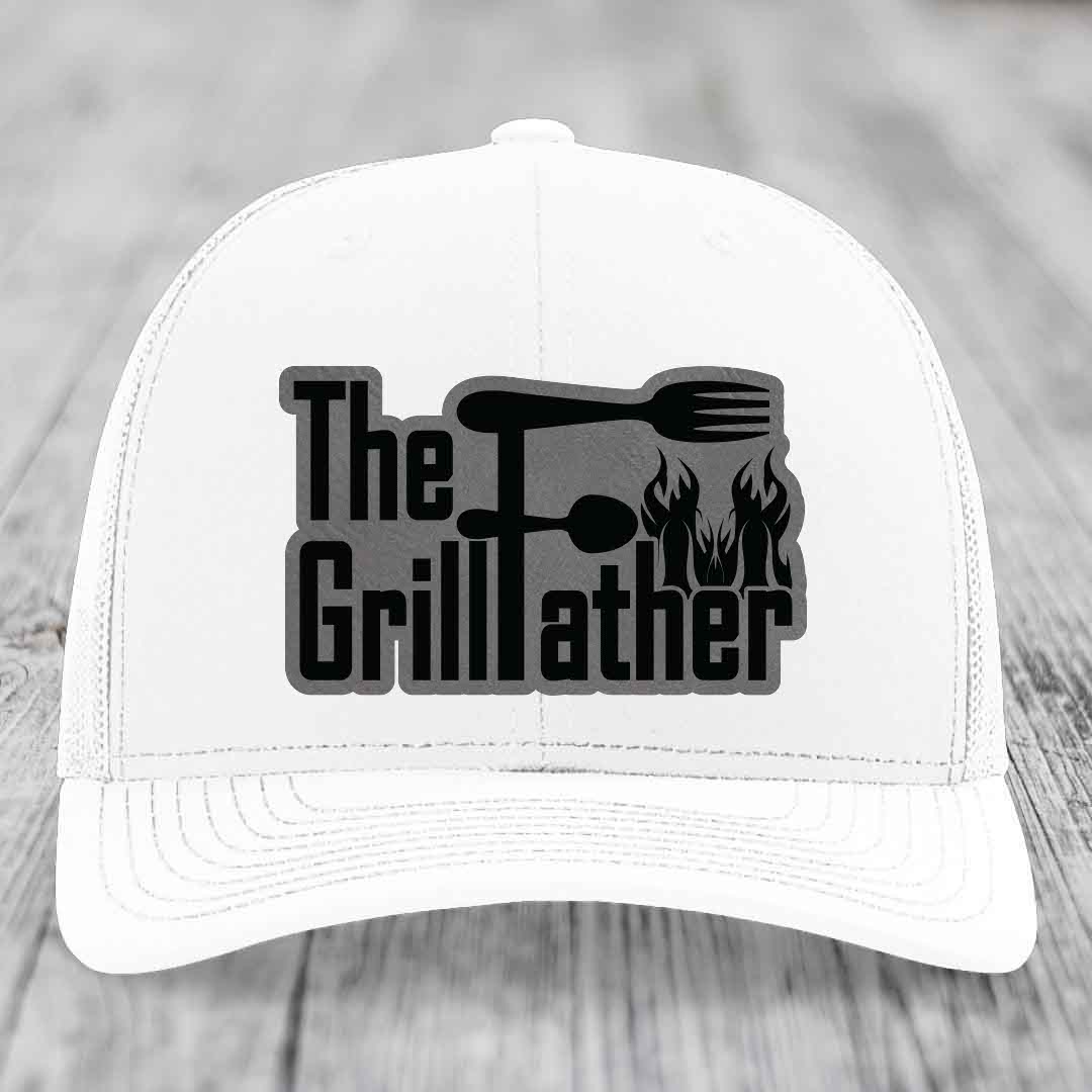 The Grillfather - Leather Patch Hat - Grey to Black Patch - Richardson 112 Snapback Trucker Hat