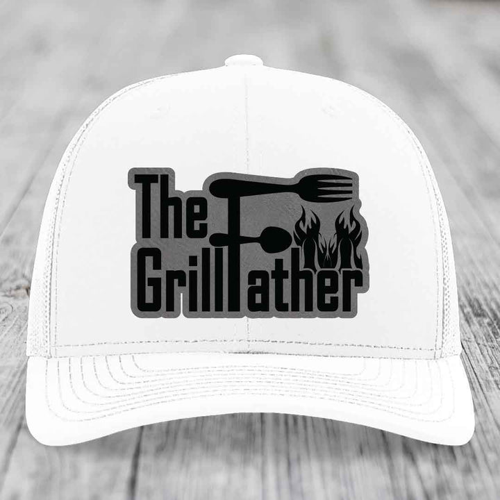 The Grillfather - Leather Patch Hat - Grey to Black Patch - Richardson 112 Snapback Trucker Hat