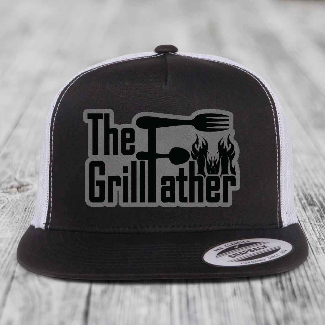 The Grillfather - Leather Patch Hat - Grey to Black Patch - Yupoong 6006 Snapback Flatbill Hat