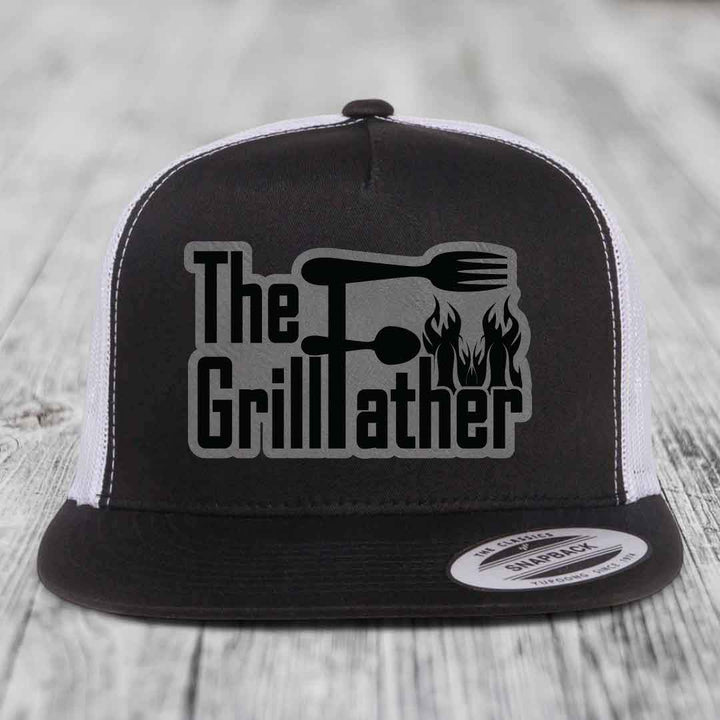 The Grillfather - Leather Patch Hat - Grey to Black Patch - Yupoong 6006 Snapback Flatbill Hat