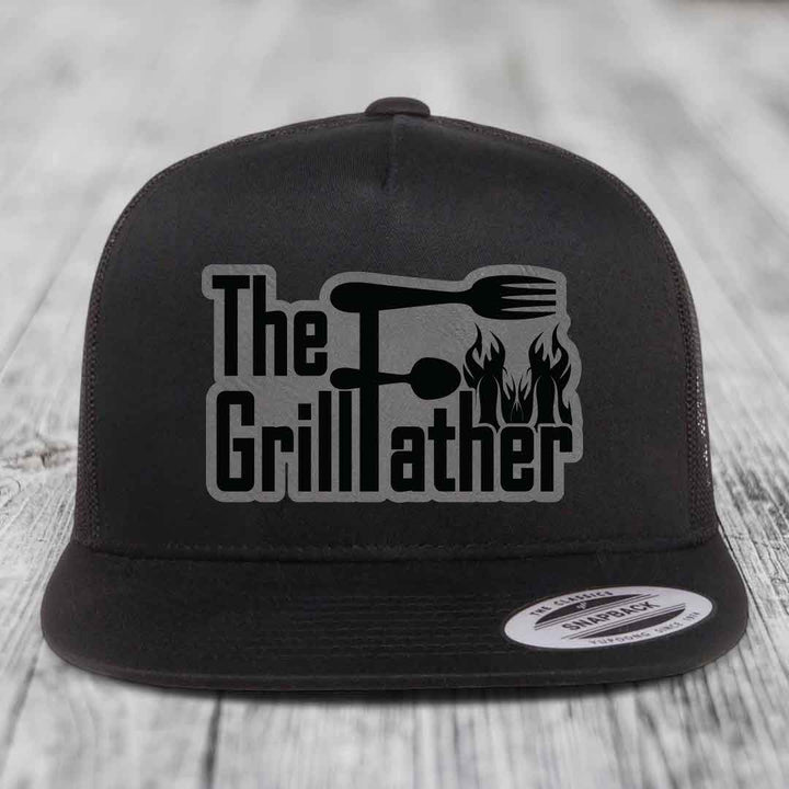 The Grillfather - Leather Patch Hat - Grey to Black Patch - Yupoong 6006 Snapback Flatbill Hat