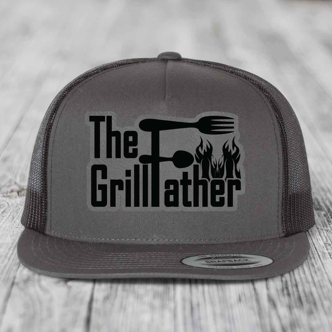 The Grillfather - Leather Patch Hat - Grey to Black Patch - Yupoong 6006 Snapback Flatbill Hat