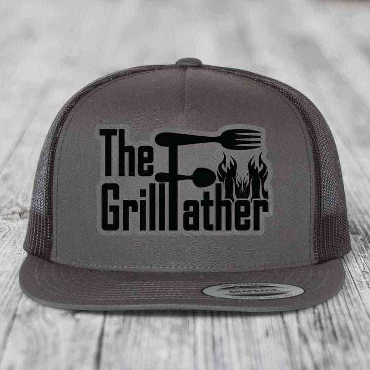 The Grillfather - Leather Patch Hat - Grey to Black Patch - Yupoong 6006 Snapback Flatbill Hat