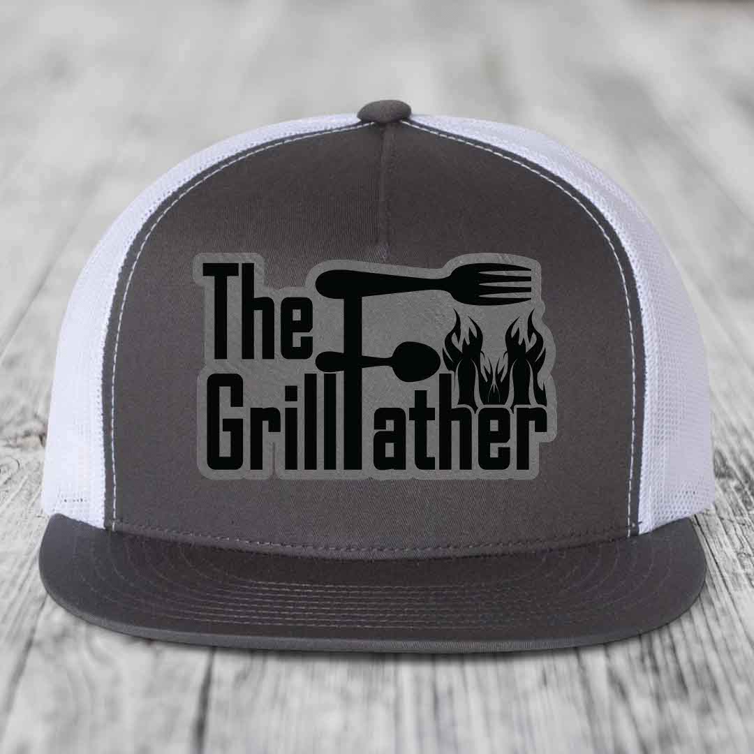 The Grillfather - Leather Patch Hat - Grey to Black Patch - Yupoong 6006 Snapback Flatbill Hat