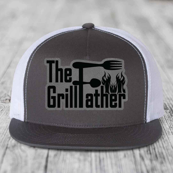 The Grillfather - Leather Patch Hat - Grey to Black Patch - Yupoong 6006 Snapback Flatbill Hat