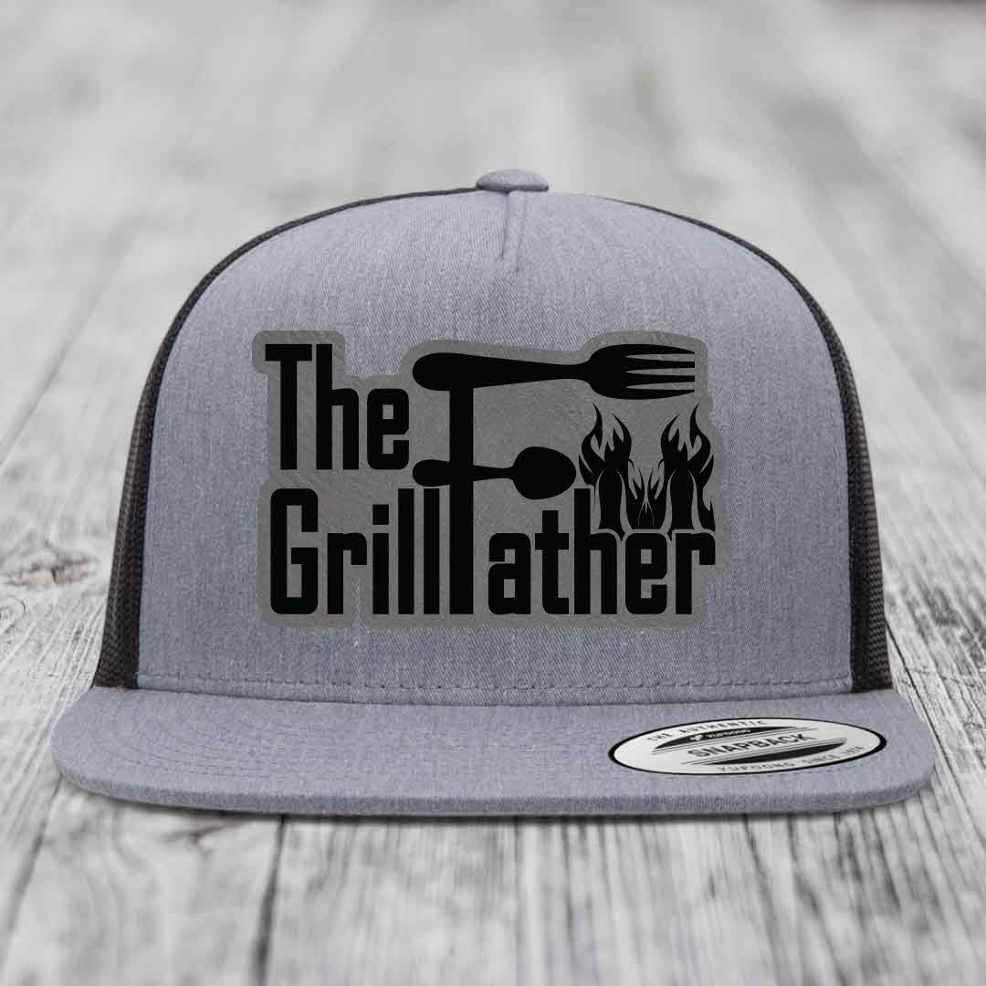 The Grillfather - Leather Patch Hat - Grey to Black Patch - Yupoong 6006 Snapback Flatbill Hat