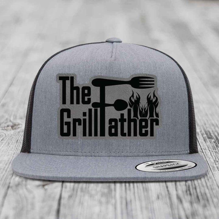 The Grillfather - Leather Patch Hat - Grey to Black Patch - Yupoong 6006 Snapback Flatbill Hat