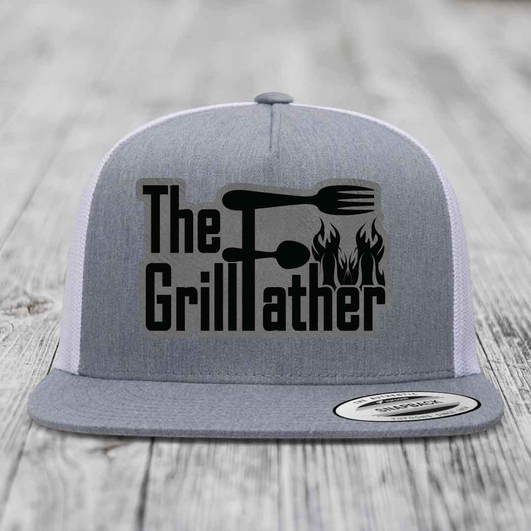 The Grillfather - Leather Patch Hat - Grey to Black Patch - Yupoong 6006 Snapback Flatbill Hat