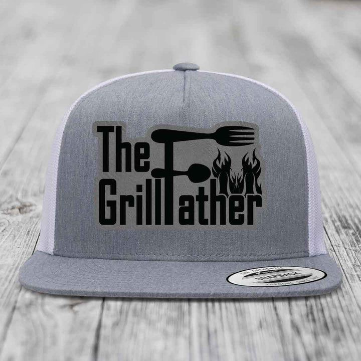 The Grillfather - Leather Patch Hat - Grey to Black Patch - Yupoong 6006 Snapback Flatbill Hat