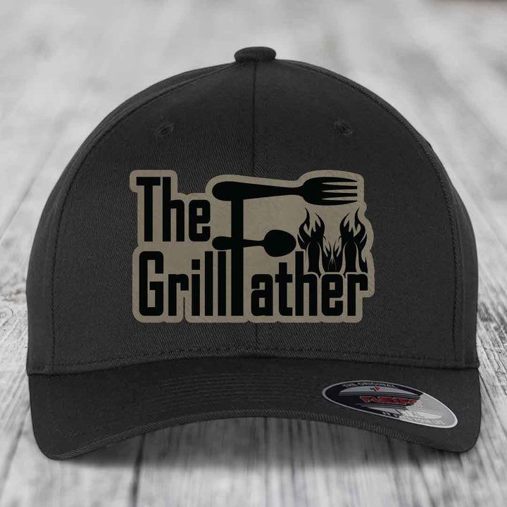 The Grillfather - Leather Patch Hat - Light Brown to Black Patch - Flexfit 6277 Fitted Hat