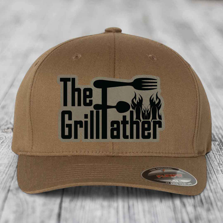 The Grillfather - Leather Patch Hat - Light Brown to Black Patch - Flexfit 6277 Fitted Hat