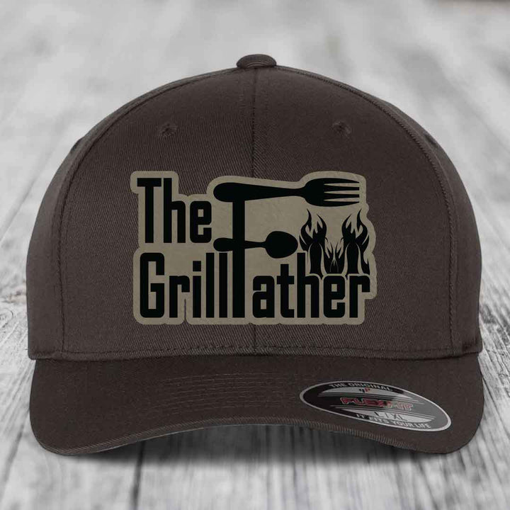 The Grillfather - Leather Patch Hat - Light Brown to Black Patch - Flexfit 6277 Fitted Hat