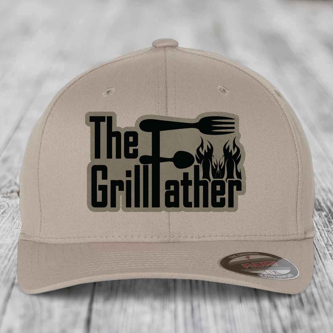 The Grillfather - Leather Patch Hat - Light Brown to Black Patch - Flexfit 6277 Fitted Hat